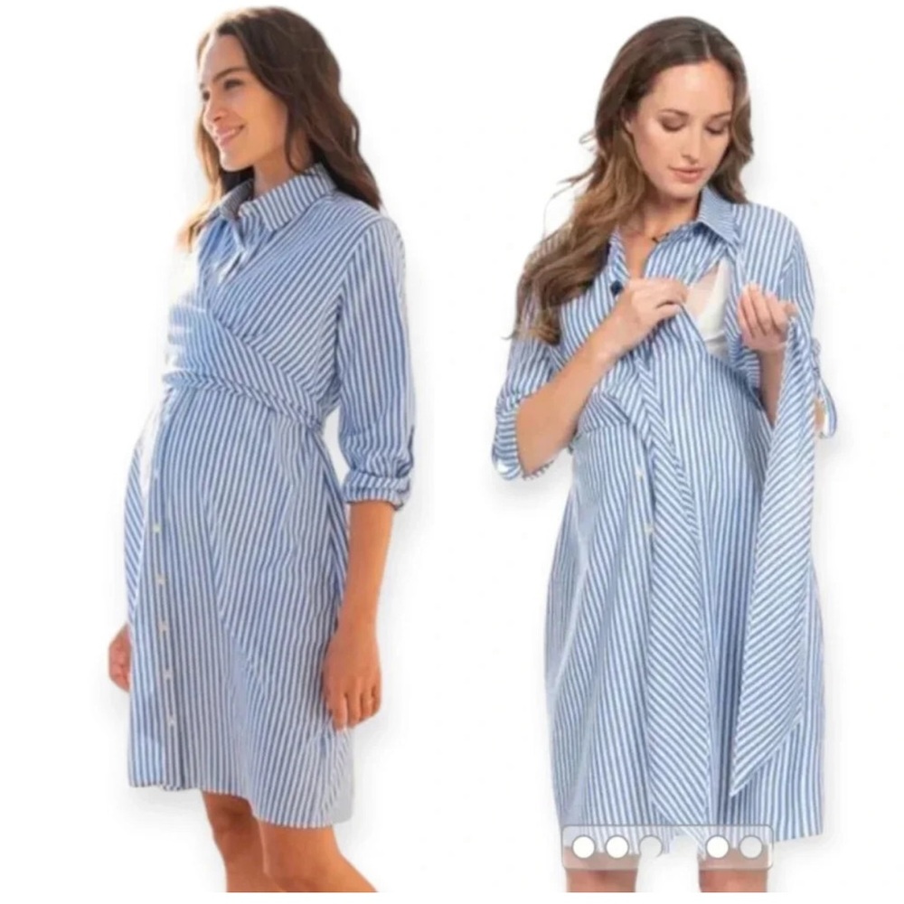 Seraphine Blue and White Striped Maternity/Nursing Shirt Dress - Picture 15 of 15